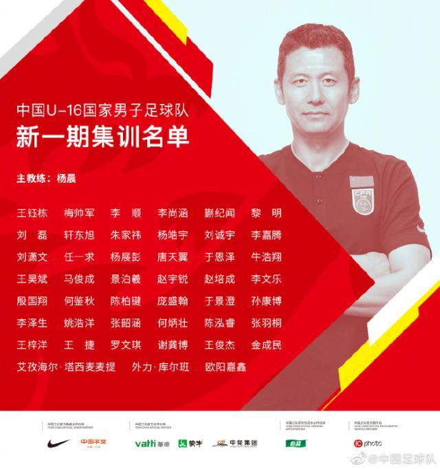 足协公布U16国少45人集训名单 杨晨挂帅海埂集训